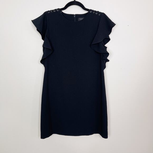 Laundry by Shelli Segal 8 Black Lace Shoulder Dress Crepe Shift Ruffle Sleeves - Picture 1 of 8